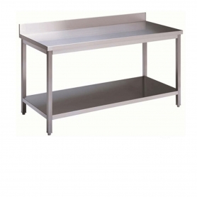 Tavolo Inox a giorno PF60 con ripiano + alzatina - Larghezza da 210 a 300 cm.